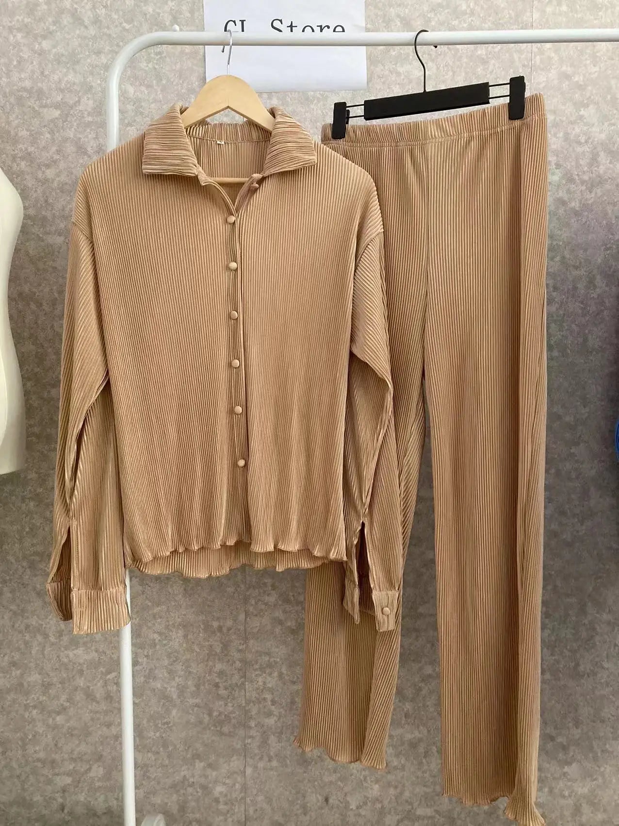 CM.YAYA Street Women's Set Long Sleeve Shirt Tops and Wide Leg Pants Elegant Tracksuit Two Piece Set Sweatsuit Fitness Outfits