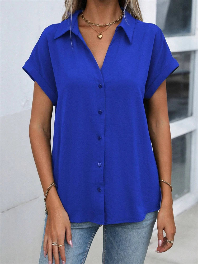Classic Solid Color Short-sleeved Shirt Women's Summer New Casual Wind Tie Buckle Slim Short-sleeved Shirt Flip Collar Blouse