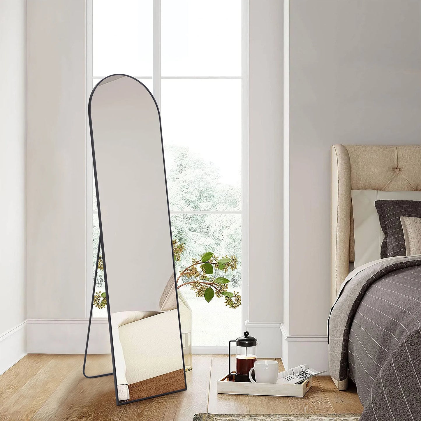 JHK-Full Length Arched Right Angle Mirror with Stand for Living Room, Sturdy Aluminum Alloy Frame, Bedroom Furniture, 59 "x 16"