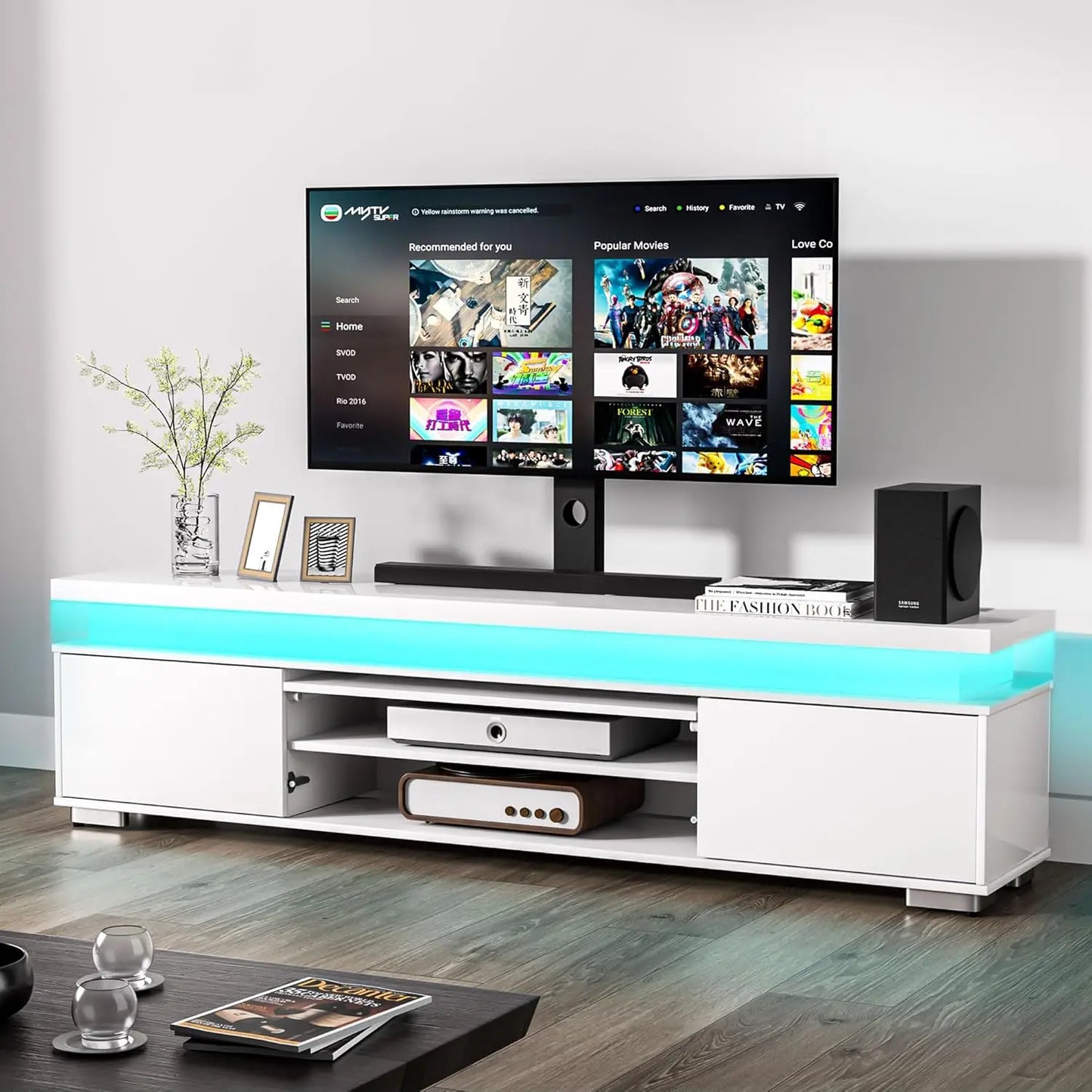 Low TV Stand, 80" TV, LED Lights, Entertainment Center, Storage, Power Outlet, High Gloss White, for Living Room & Bedroom