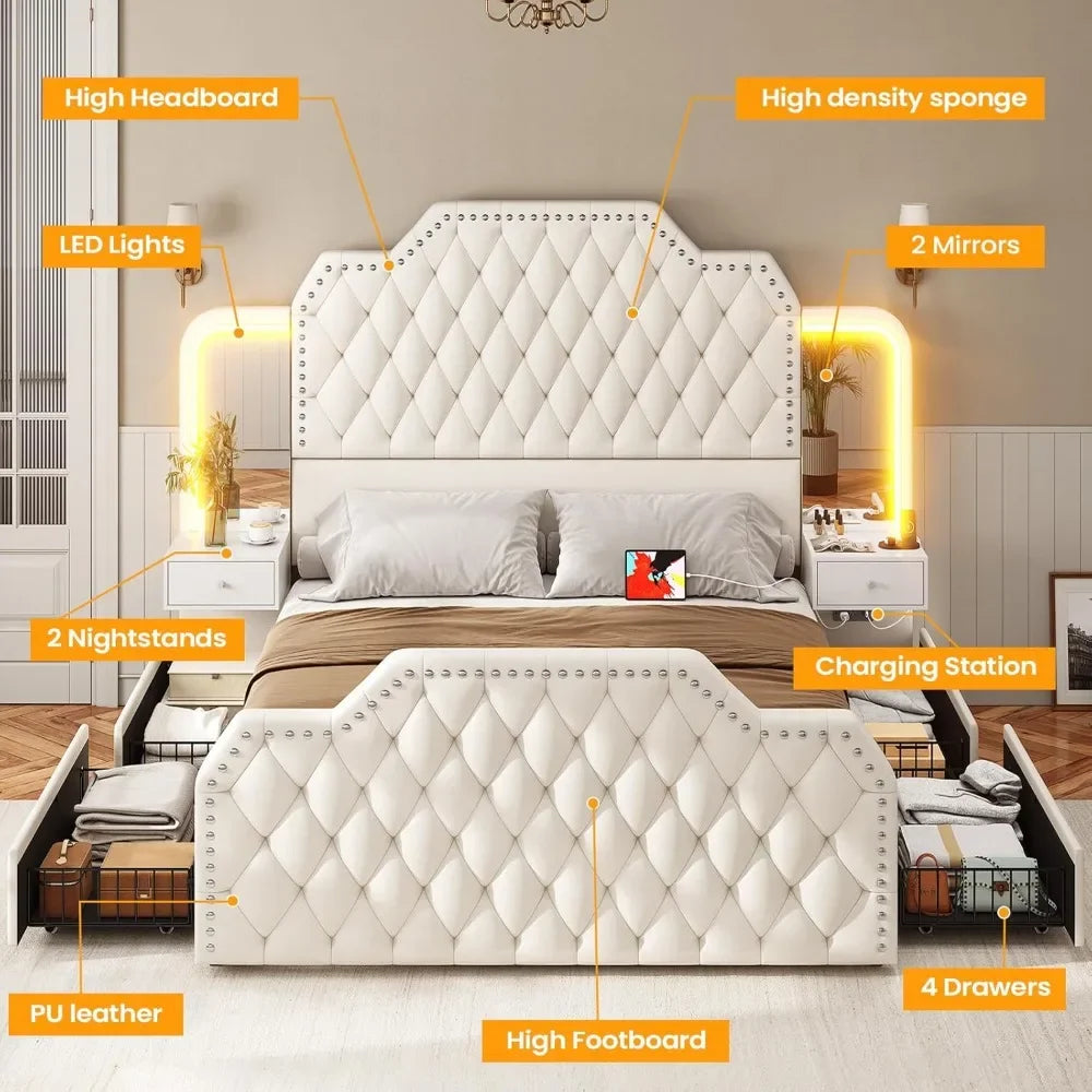 Queen Bed Frame with Headboard and 4 Storage Drawers, Leather Upholstery, Charging Station and LED, 2 Bedside Tables, Bed Frame.