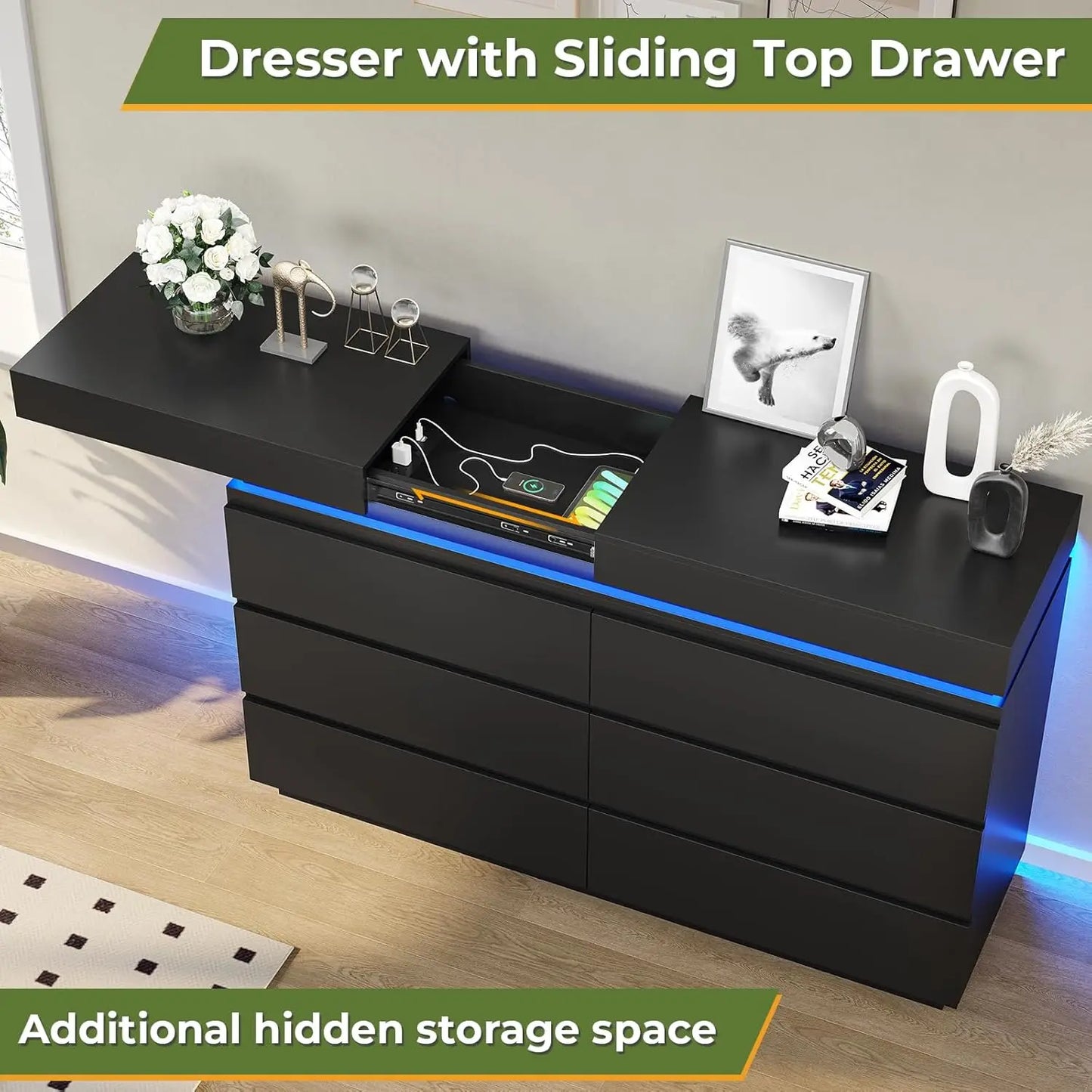 Modern 6 Drawer Dresser with Sliding Desktop,Wide Chest of Drawers with Charging Station& LED Lights,Large Storage Tower Clothes