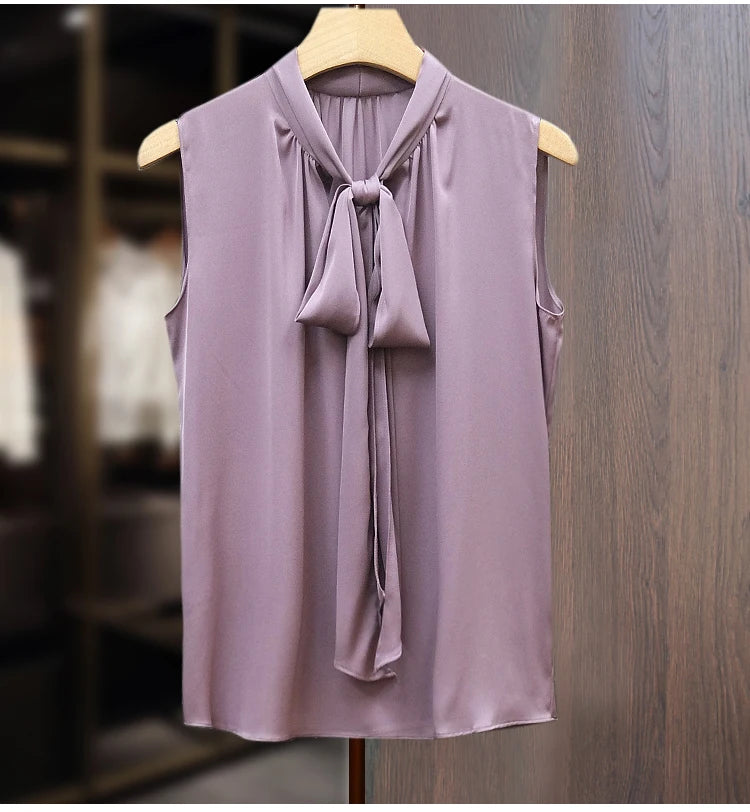 Fashion ice Silk Top Pink Acetate satin shirts blusas mujer de verano lace up bow tie Sexy elegant chiffon blouse рубашка винтаж