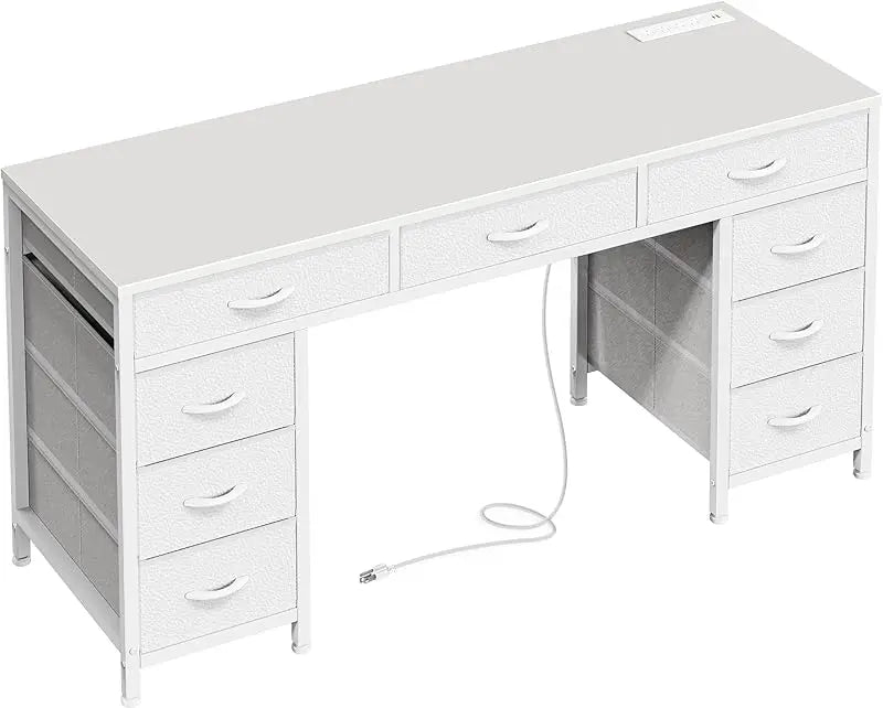47 Inch Office Desk with Outlets, Computer Desk with 9 Fabric Drawers, Writing Gaming Work Study Desk for Bedroom,