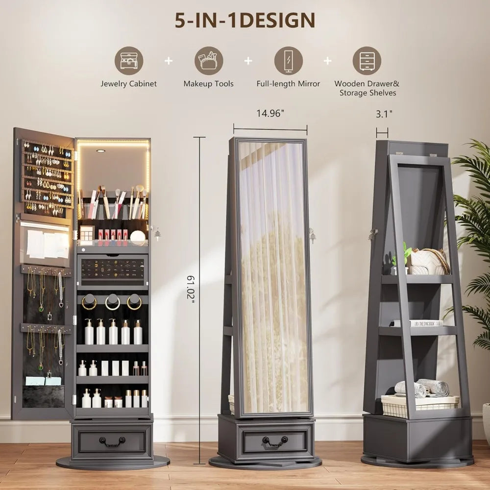 Mirror Jewelry Cabinet Standing, 360° Swivel Jewelry Armoire with Full Length Mirror, Lockable Mirror with Jewelry Storage