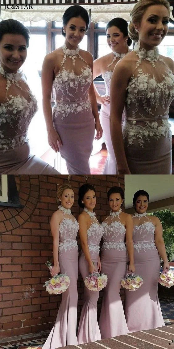 Dusty Pink Mermaid Long Bridesmaid Dress High Neck 3D Flower Lace Satin Hochzeitspartykleid Long African Vestido De Gala Prom