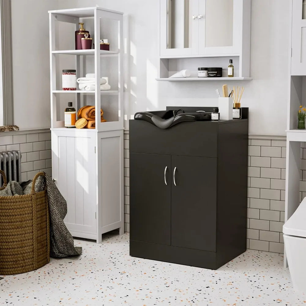 Black Shampoo Cabinet Station for Salon, Salon Backwash Station with Shampoo Bowl, Suitable Height Match with Shampoo Chair