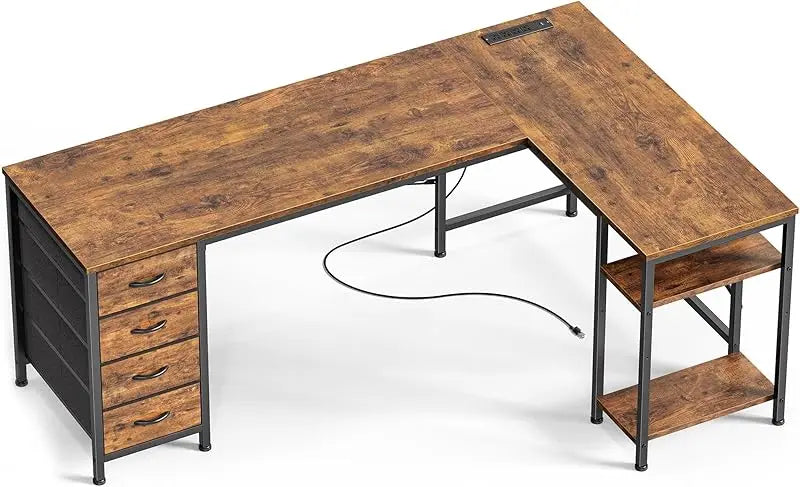 55 Inch L Shaped Desk with Fabric Drawers, Reversible Computer Gaming Desk with Power Outlets and USB-C Port, Adjustable Side S