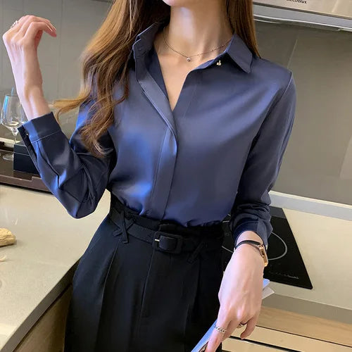 Satin Women's Shirt Long Sleeve Fashion Woman Blouse 2025 Solid Top Female Shirts and Blouse Basic Ladies Tops OL Women Clothing
