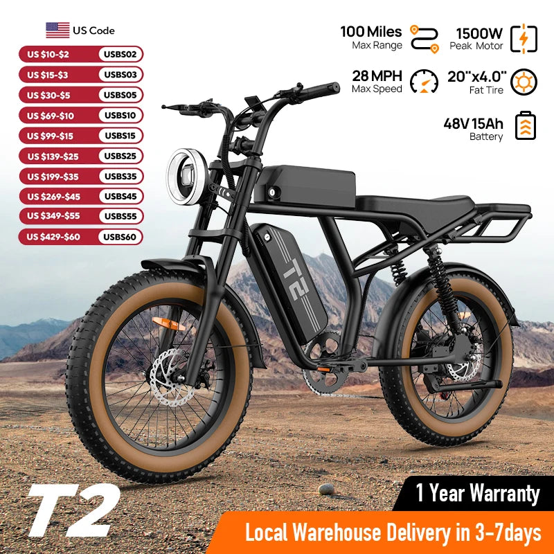 1500W Peak Electric Mountain Bike 48V 15.6Ah Removable Battery 28MPH 100 Mile Range 20X4" Fat Tire E-Bike Free Shipping Hot Sale