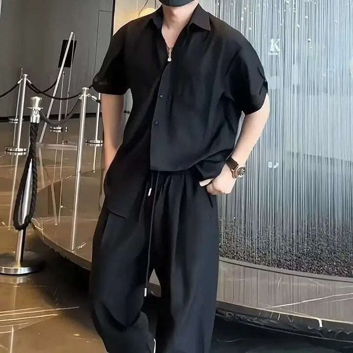 Shirts Pants Suits for Men No Logo Khaki Slim Fit Korean Two Piece Set Cool Style 2025 Trends Costumes Loose Man Trousers Sets