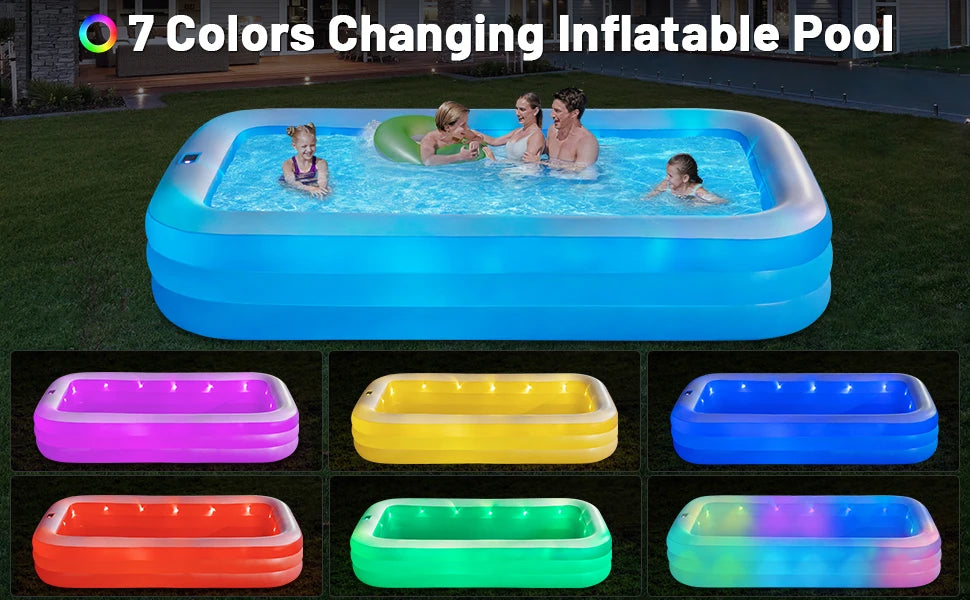 Inflatable Pool with Lights, 130"x72"x22" Solar Inflatable Swimming Pool with Air Pump for Kids, Adults, Family, 7 Color Large B