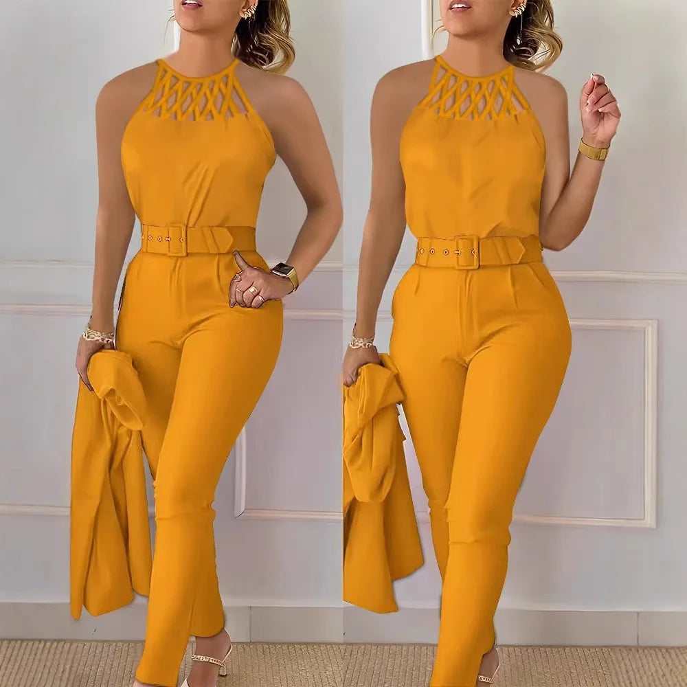 2 Piece Sets Womens Outifits Casual Fashion Slim Fit Sleeveless Top Solid Pants with Belt Suit for Female Summer Fall 2024 New
