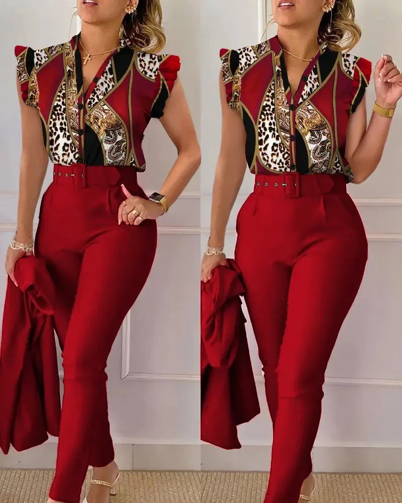 Elegant Womens Slim Two-Piece Sets Summer Fashion Print V Neck Button Flying Sleeve Shirt Top & Solid Long Pants Suits With Belt