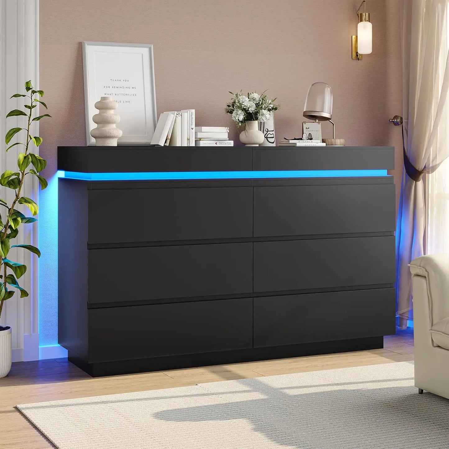 Modern 6 Drawer Dresser with Sliding Desktop,Wide Chest of Drawers with Charging Station& LED Lights,Large Storage Tower Clothes