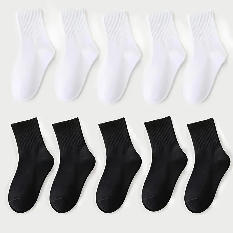 5-piece set of children's black and white solid color mid-calf socks - breathable polyester blend, ribbed texture, comfortable f