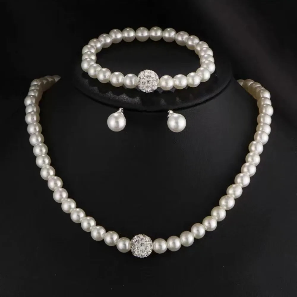 Set 3pcs Classic Trendy Pearl Crystal Necklace Bracelet Earring for Women Luxury Wedding Bride Set Jewelry Gifts