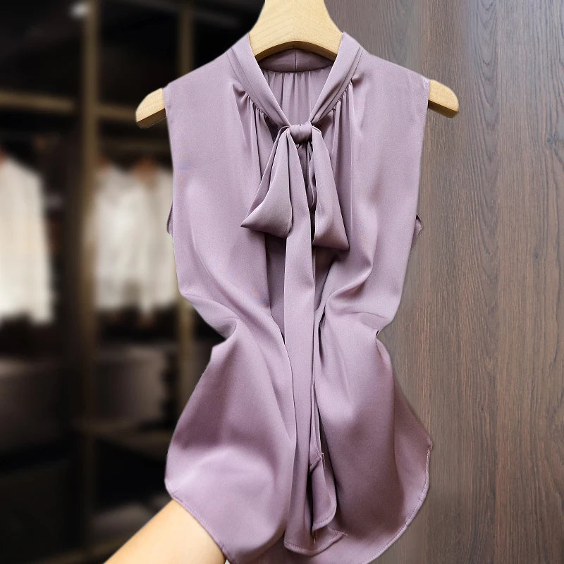 Fashion ice Silk Top Pink Acetate satin shirts blusas mujer de verano lace up bow tie Sexy elegant chiffon blouse рубашка винтаж