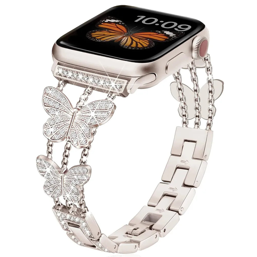 Women Butterfly Strap for Apple Watch Band 49mm 41 45 40 44 38 42mm Bling Diamond Metal Bracelet for Iwatch Series 9 8 7 SE 6 5