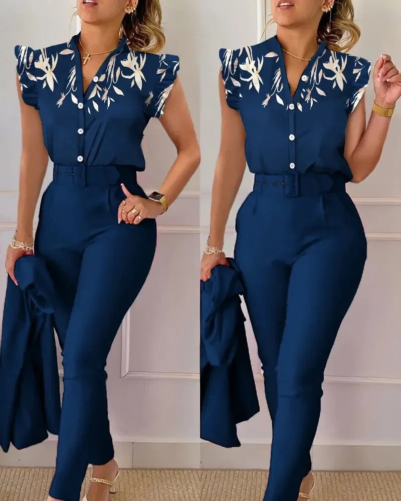 Elegant Womens Slim Two-Piece Sets Summer Fashion Print V Neck Button Flying Sleeve Shirt Top & Solid Long Pants Suits With Belt