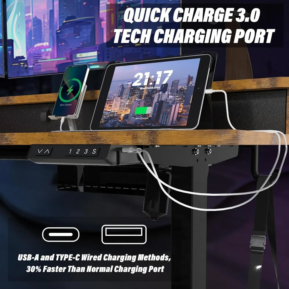 L Shaped Standing Desk with USB Charging Port & 4 Drawers,63 x 55 inch Electric Adjustable Height Corner Stand Up Desk with Keyb
