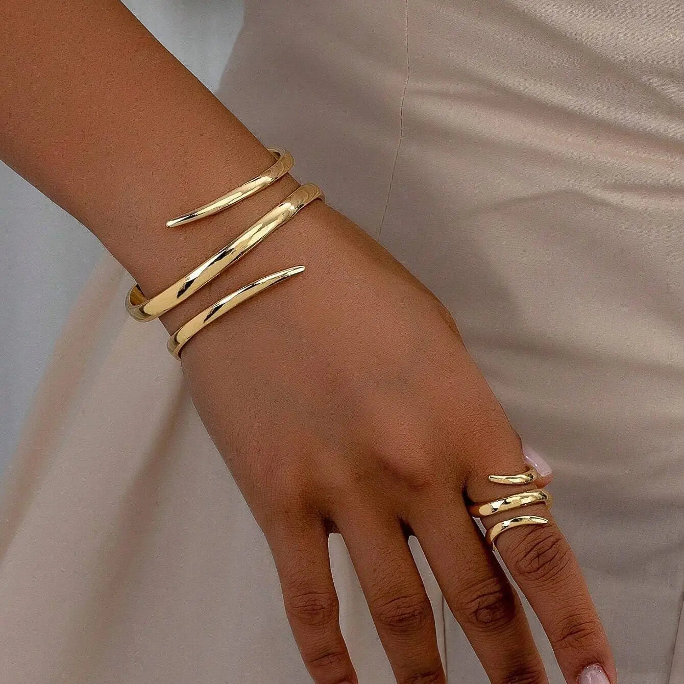 2 Pcs Set Gold Color Spiral Multilayer Bracelet Ring Jewelry Sets Gift