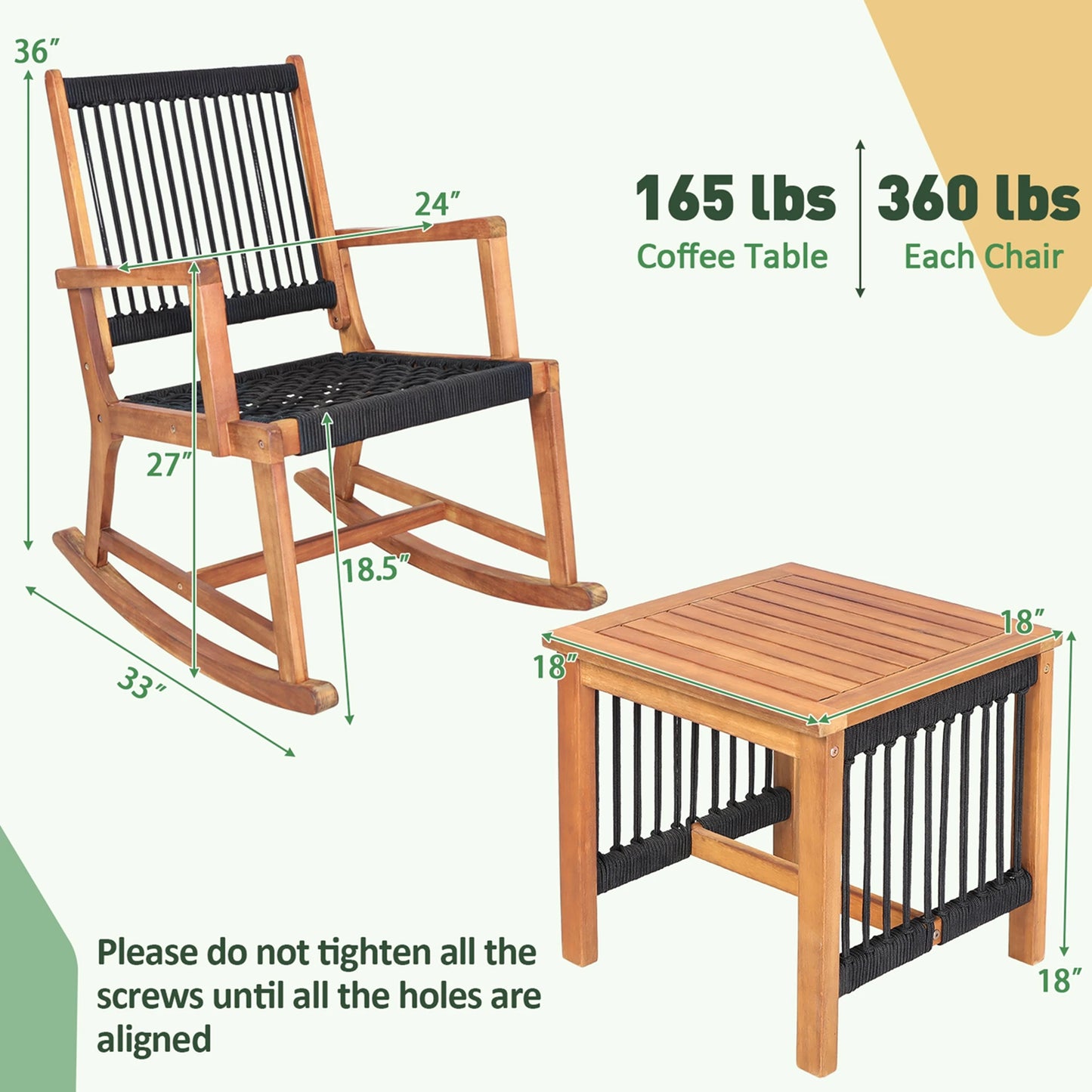 3pcs Patio Acacia Wood Bistro Table Rocking Chair Set All-Weather Rope Outdoor