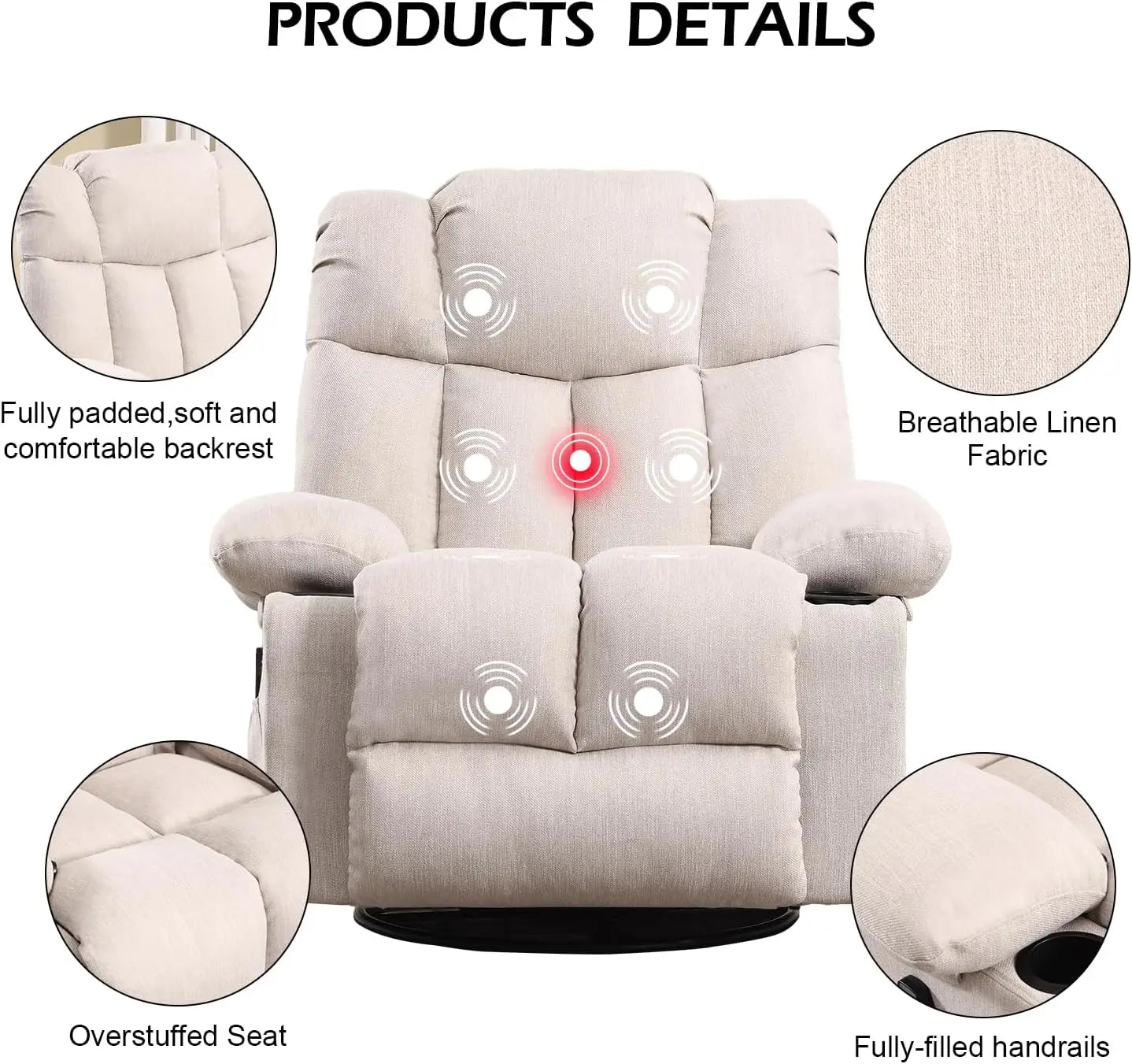 Massage Swivel Rocker Recliner with Heat and Vibration for Living Room Bedroom