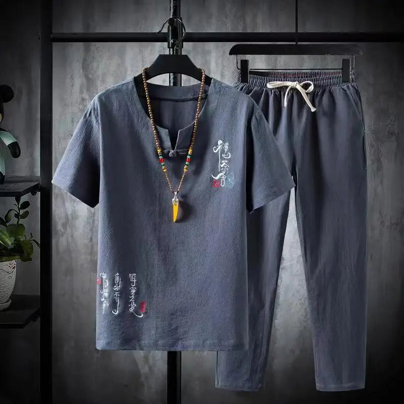 (Shirt + trousers)2025 summer Chinese Style men shirt Cotton and linen shirts men's High quality casual shirts Two Piece M-5XL