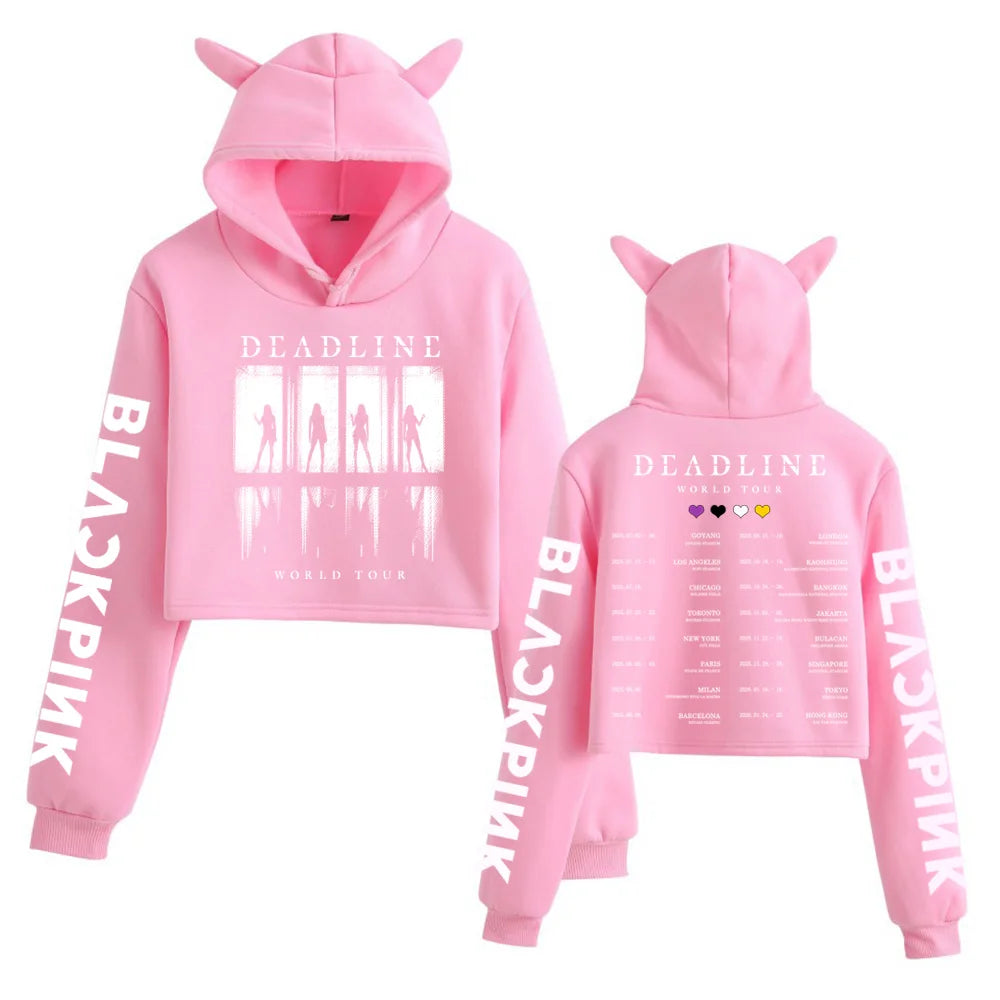2025 BP Deadline Black World Tour Crop Tops Cat Ears Sweatshirt Long Sleeve Girls Fashion Hoodie