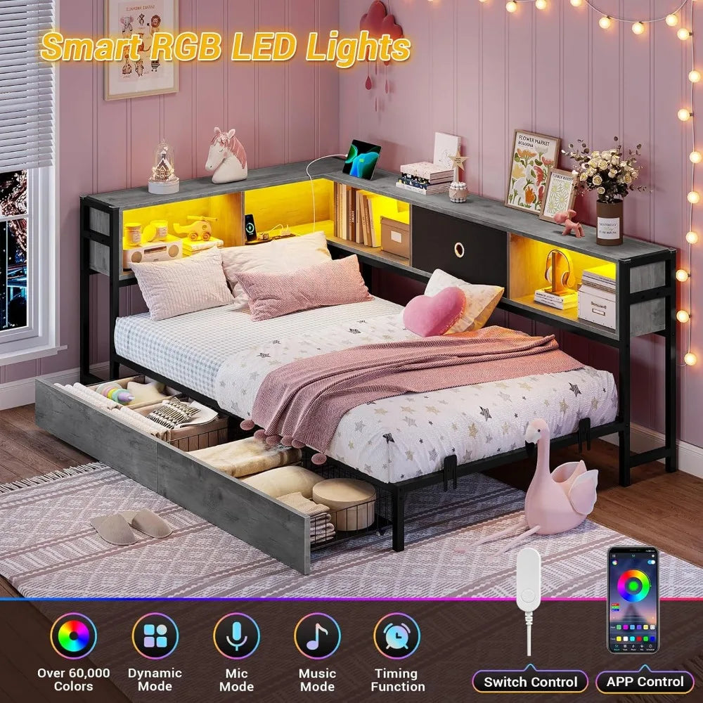 Hasuit Corner Bed Frame with Storage Bookcase, Twin Daybed with Storage Drawers Underneath, Kids Bed Unit with Charging