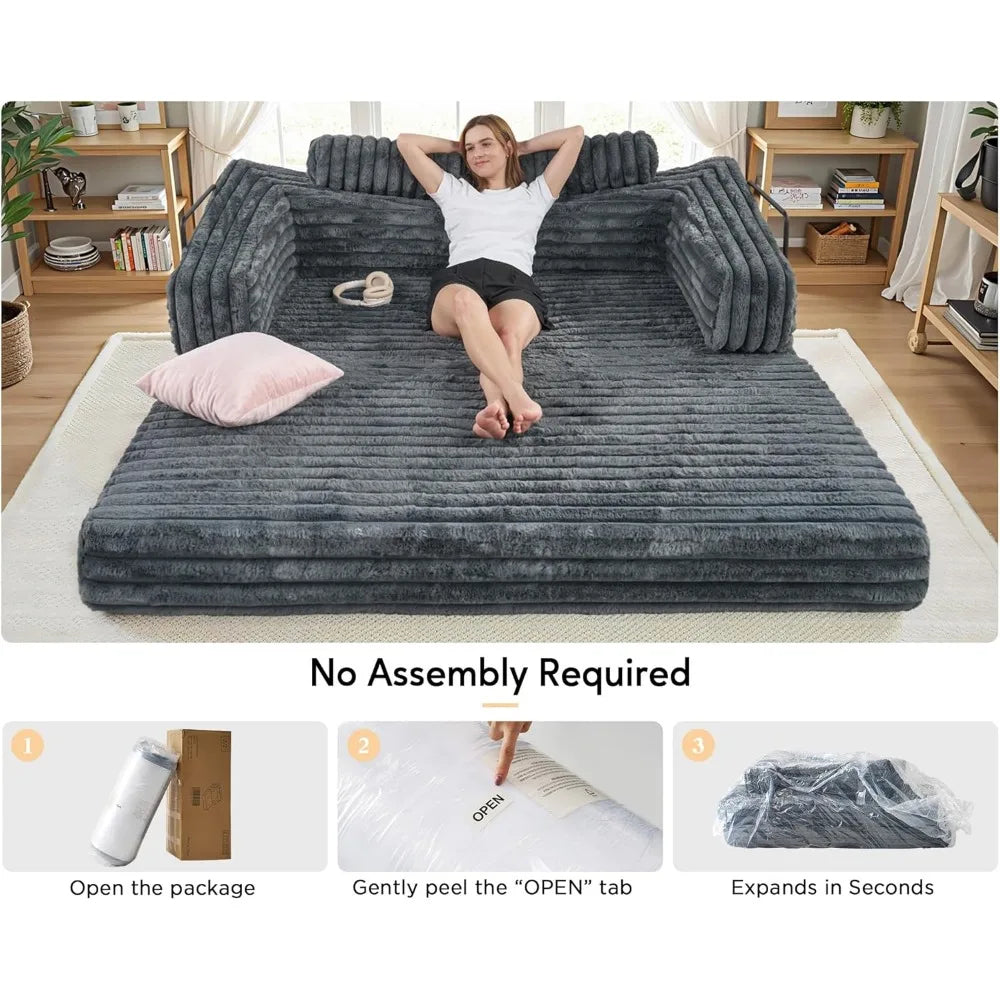 VanAcc Foldable Sofa Bed, Convertible Floor Sofa with Plush Faux Fur, No Assembly Mattress Couch for Living Room