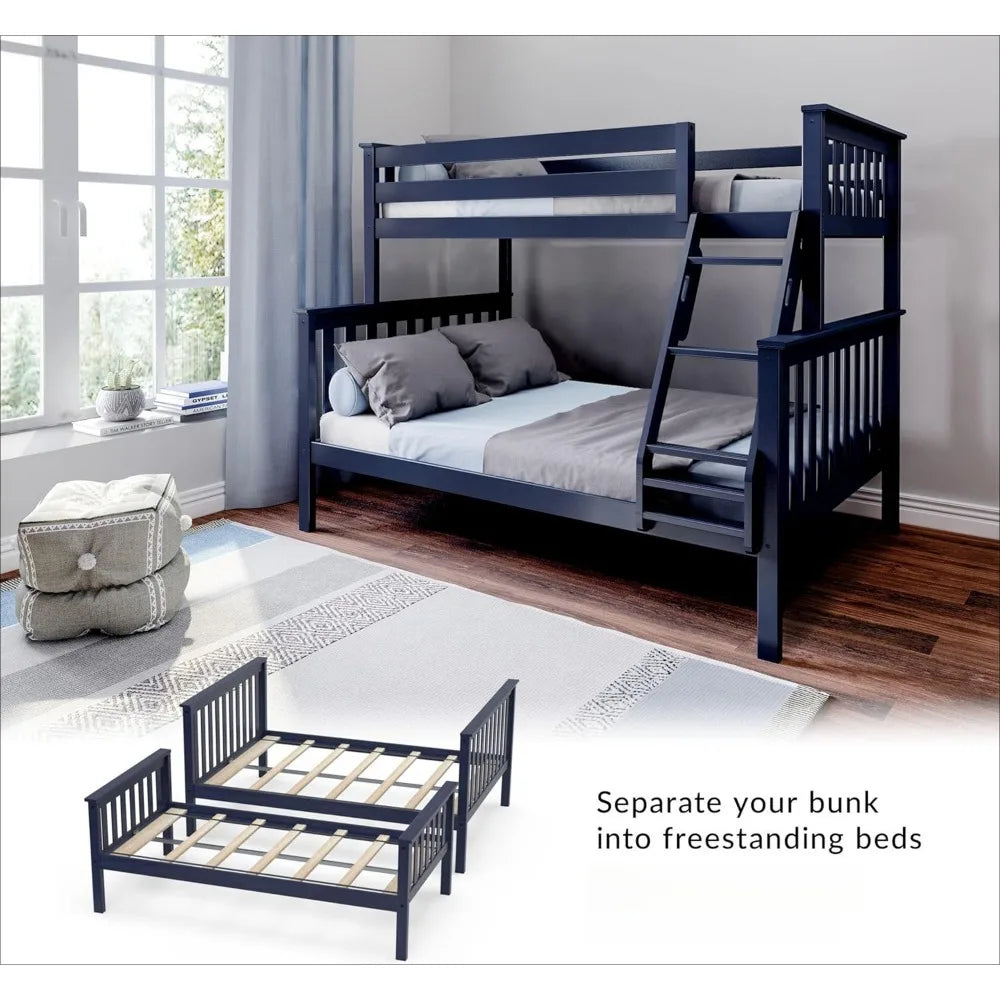 Children Beds, Bunk Bed Twin Over Full Size with Ladder, Solid Wood Platform Bed Frame with Ladder for Kids, Safety Guardrails
