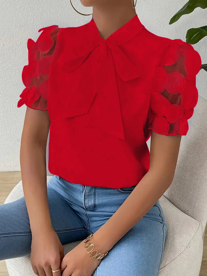 Summer Short Sleeve Blouses For Women 2025 Fashion Loose Bow O-neck White Tops Casual Ladies Shirts Elegant