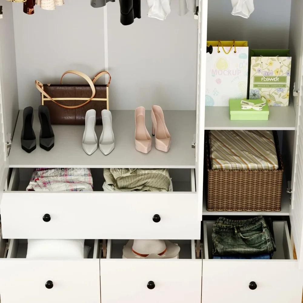 Large Wardrobe Armoire with Multi-Tier Shelves, 5 Drawers, Hanging Rod & 4 Louver Doors, Wooden Closet Storage Cabinet for Bedr