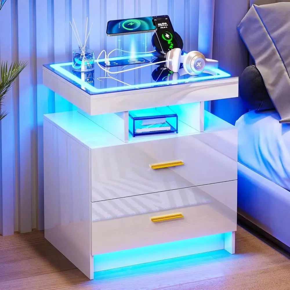 LED Nightstand with Charging Station High Gloss Bedside Table with 2 Drawers, Smart Night Stand with Auto Sensor Lights