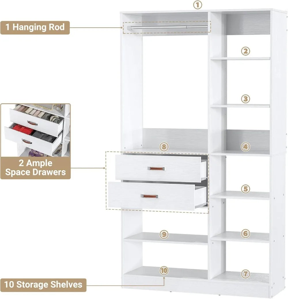 Freestanding Closet System, 40 Inches Stand-Alone Wardrobe with 10 Shelves, 80'' Height Adjustable Cloth Garment Rack