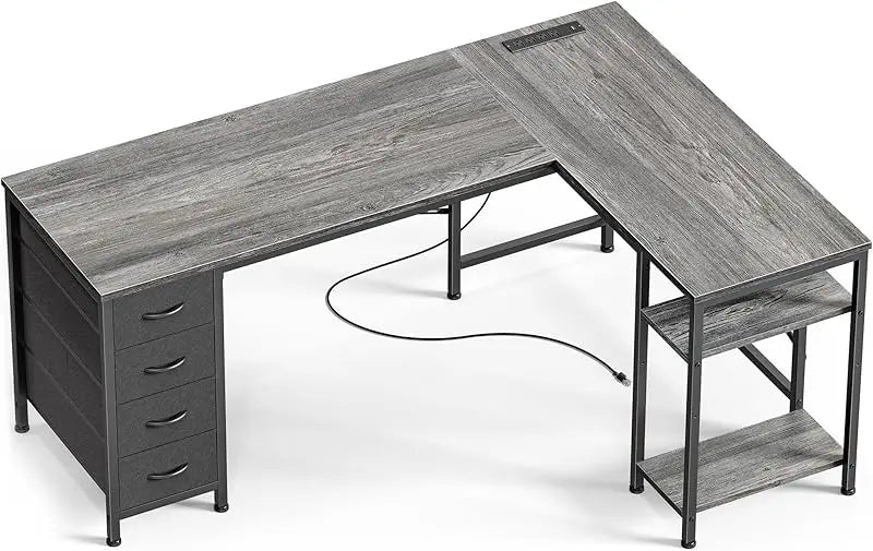 55 Inch L Shaped Desk with Fabric Drawers, Reversible Computer Gaming Desk with Power Outlets and USB-C Port, Adjustable Side S