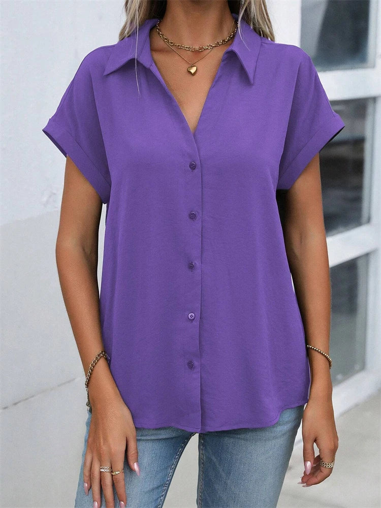 Classic Solid Color Short-sleeved Shirt Women's Summer New Casual Wind Tie Buckle Slim Short-sleeved Shirt Flip Collar Blouse
