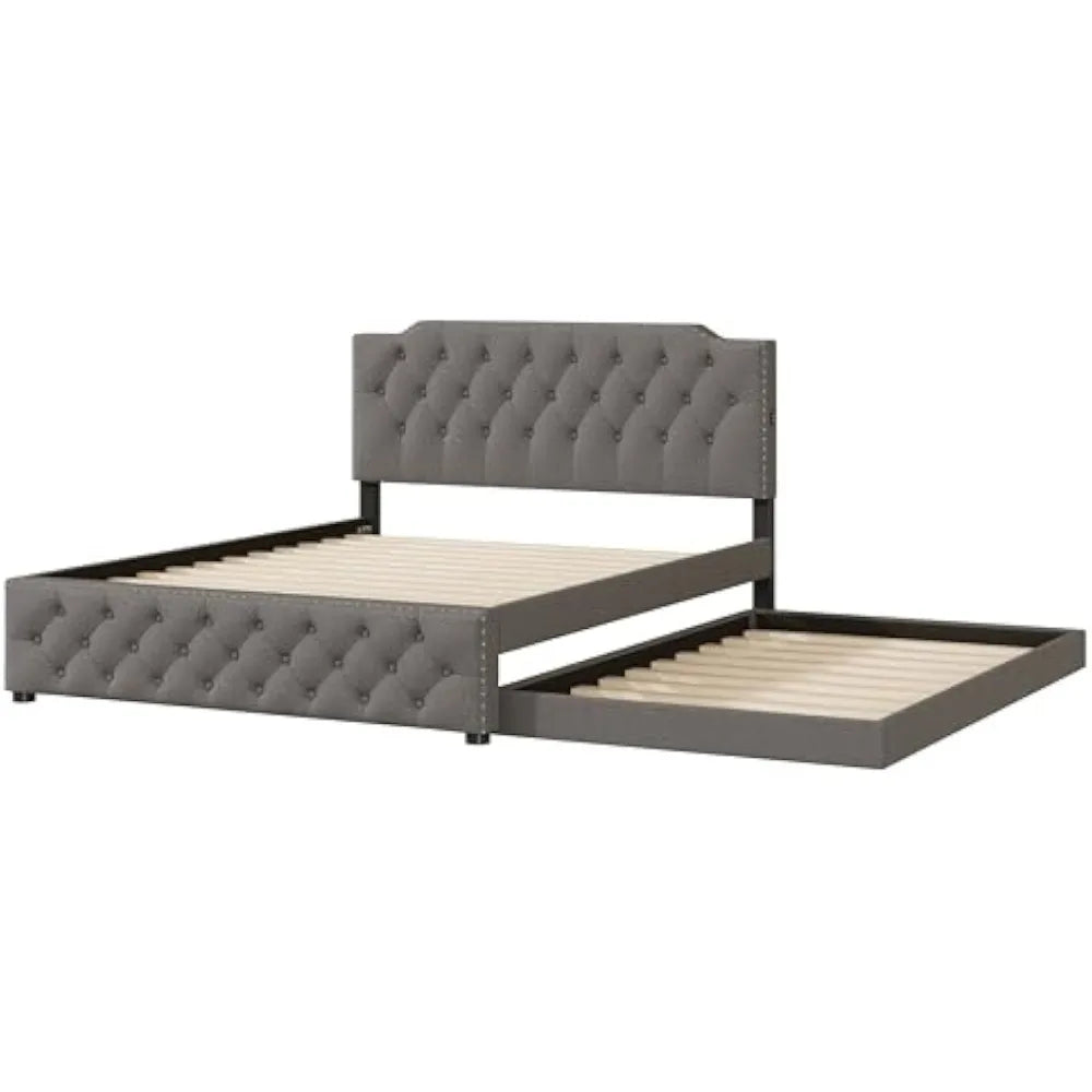 Queen Size Upholstered Platform Bed, Solid Wood Bedframe Linen Fabric with Twin Size Trundle and 2 Sets of USB Ports, Wooden Que