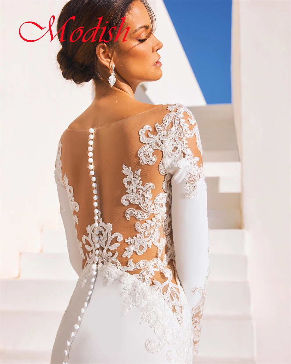 Customized Pure White Jersey Wedding Dress Delicate V-neck Long Sleeves Robe de mariée Classic Buttons Back Vestido De Novia