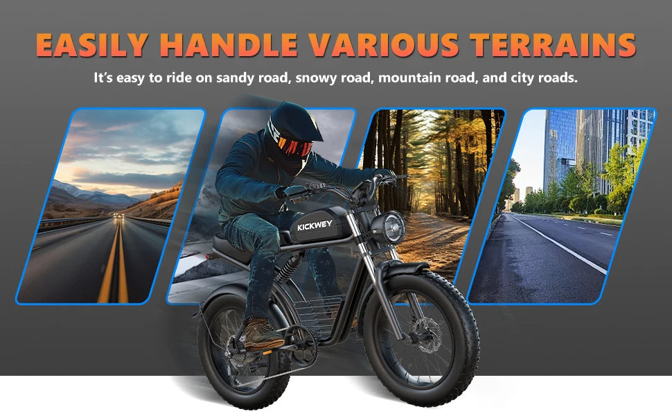 Kickwey K7 Adult Electric Bike 1500W Motor 7-Speed Dual Disc Brakes Full Suspension Ebike 20x4 Wide Tire 50-Mile E Bike