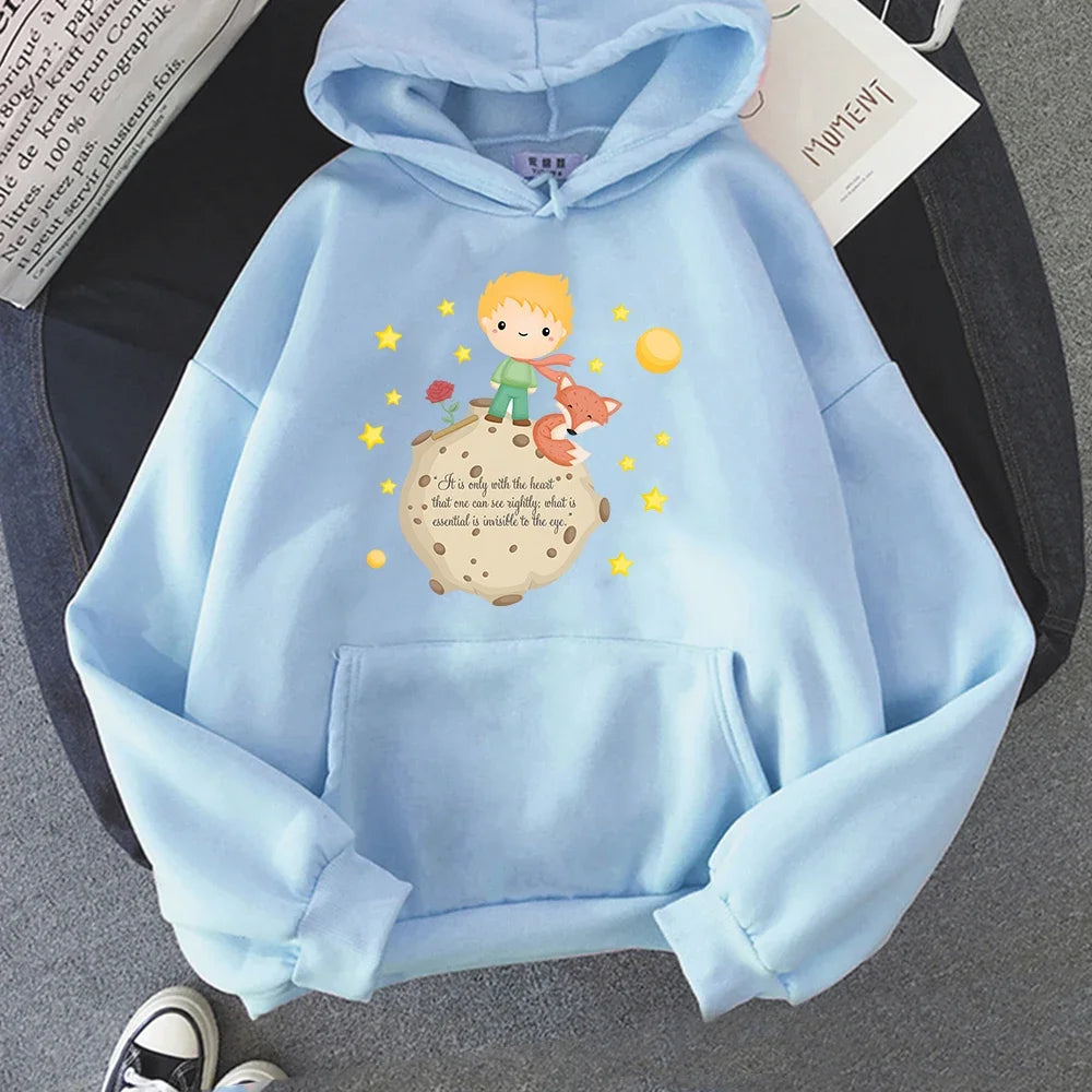 Little Prince and Fox Hoodies Women Casual Sweatshirts Kawaii Cartoon Printing Hoody Cute Clothes for Girls Graphic Hooded Tops