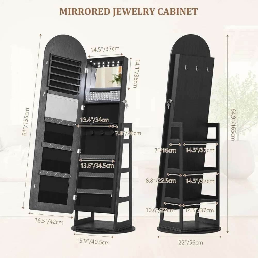 LED Mirror Jewelry Cabinet Standing, Lockable Jewelry Armoire with Arched Full-Length Mirror and Adjustable LED Lights, Space-S