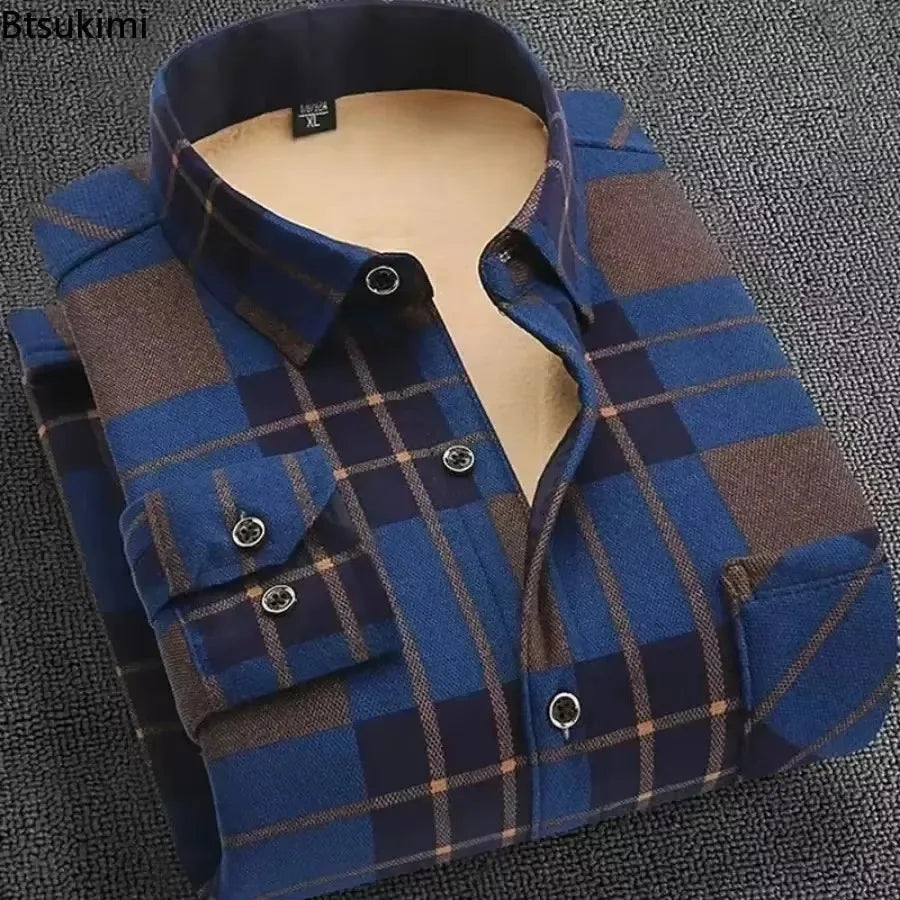 2025 Men's Autumn Winter Thick Warm Long Sleeve Plaid Shirt