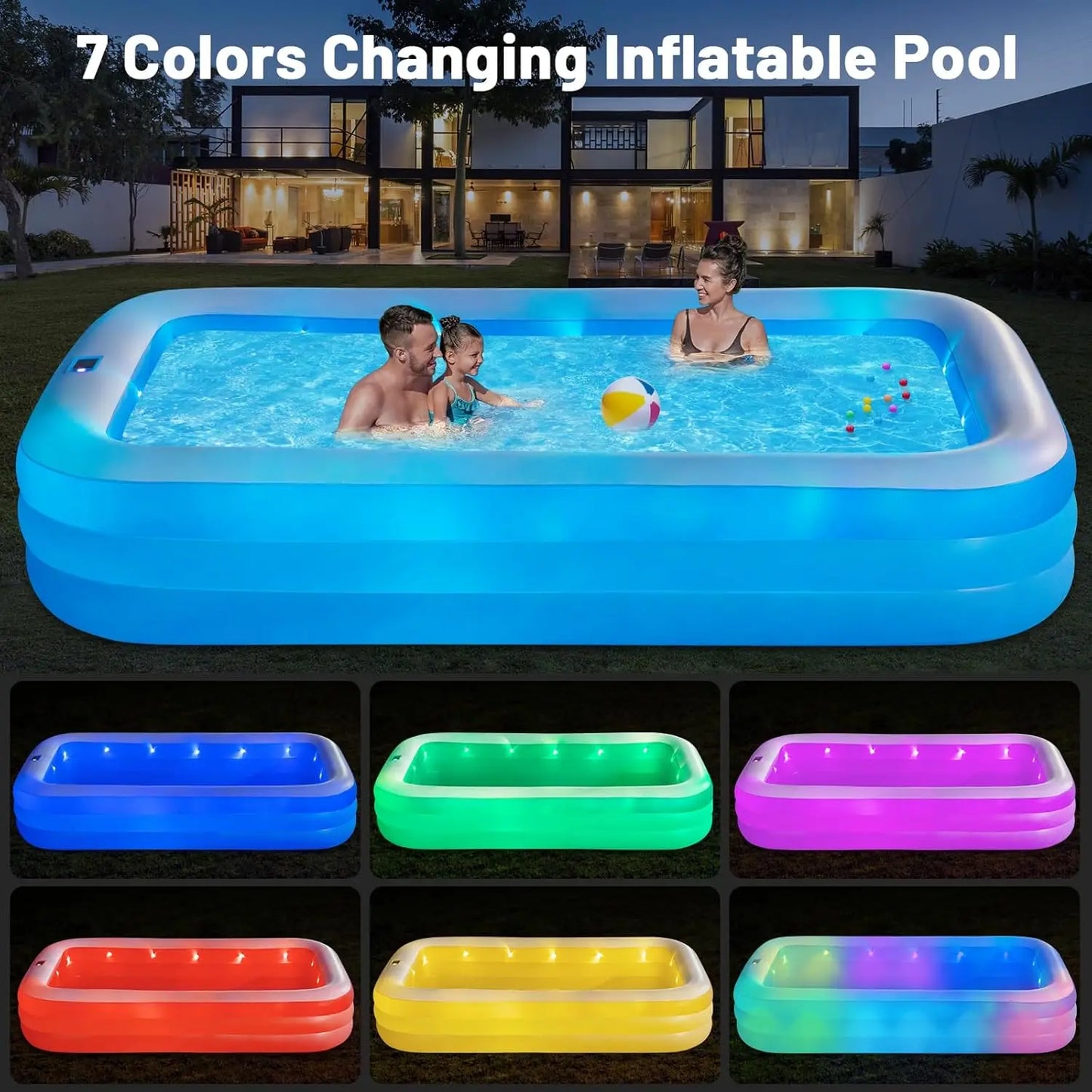Inflatable Pool with Lights, 130"x72"x22" Solar Inflatable Swimming Pool with Air Pump for Kids, Adults, Family, 7 Color Large B