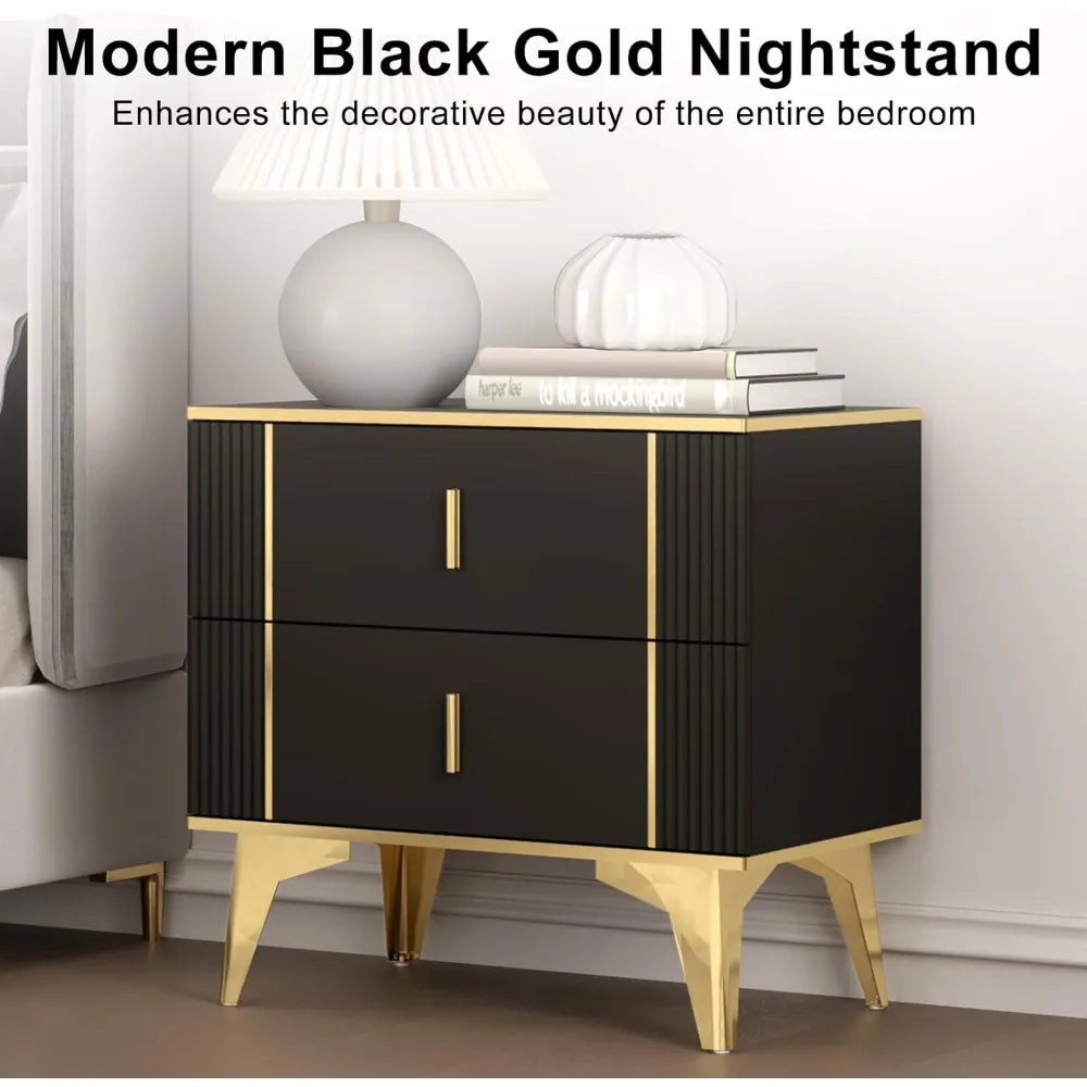 Nightstands Set of 2, Wood Bedside Table with 2 Drawers, End Table with Striped Surface Metal Handle Legs