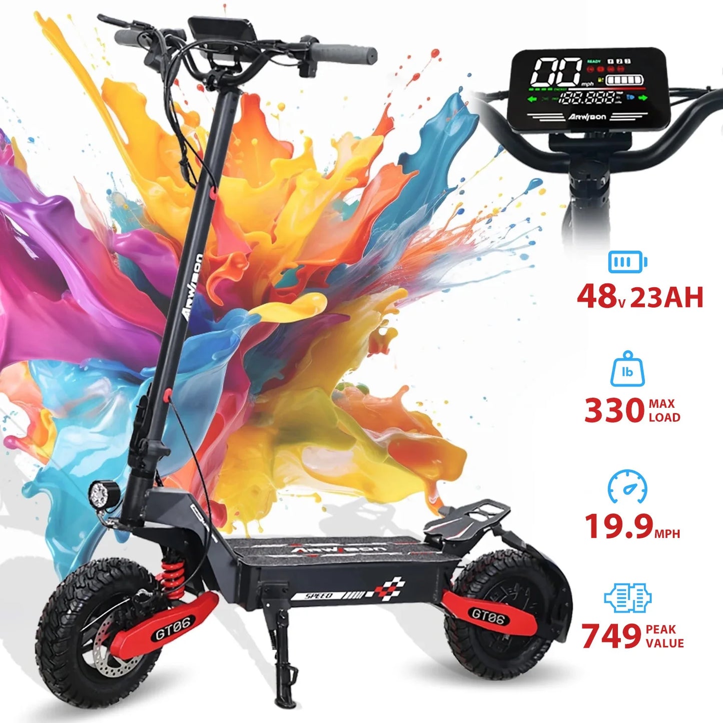 Adult electric scooter, electric commuting scooter, range of 28 miles, 1200W motor dual braking system and shock absorption