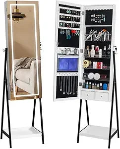360° Swivel Jewelry Armoire with Full Length Mirror, Slide Jewelry Cabinet Rotating Freestanding Jewelry Organizer with Coat Ra