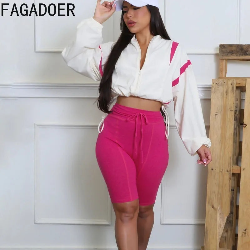 FAGADOER Fashion Sports 2 Pieces Set for Woman Color Block Drawstring Patchwork Crop Top and Pants Outfit Female Streetwear New